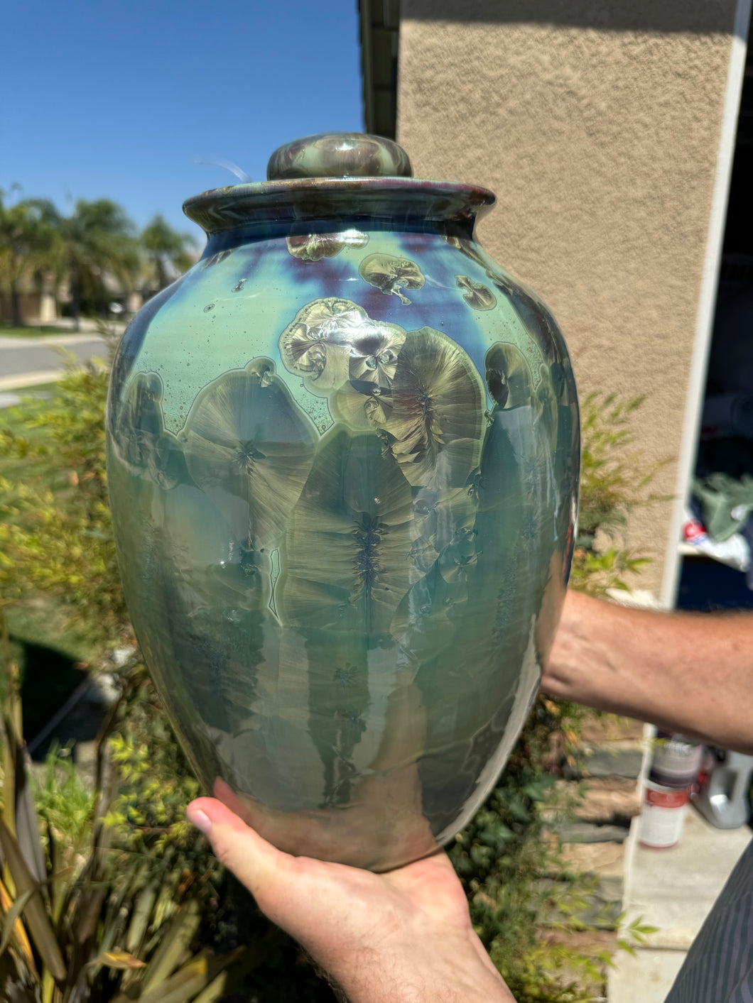 Crystalline Pottery Decorative Jar or Vase with Lid